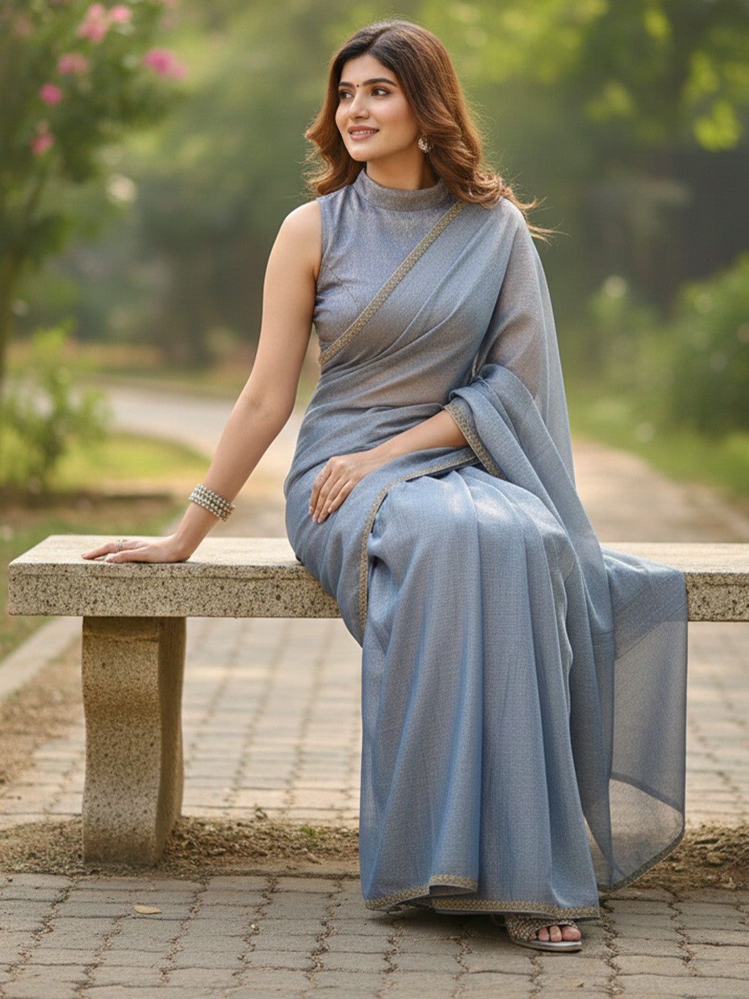 Urban Pallu Floral Sequinned Silk Blend Fusion Saree