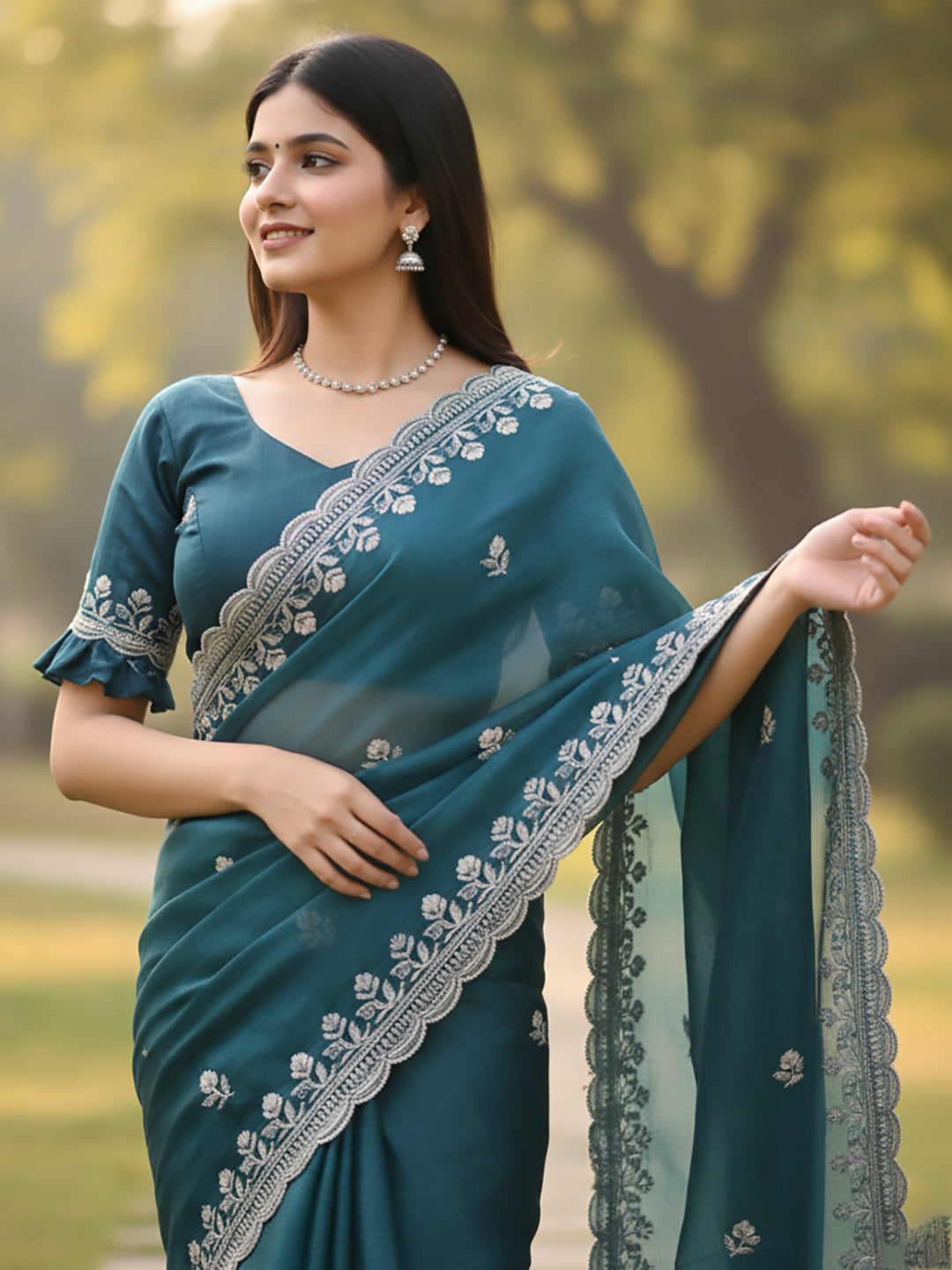 Urban Pallu Floral Sequinned Silk Blend Fusion Saree