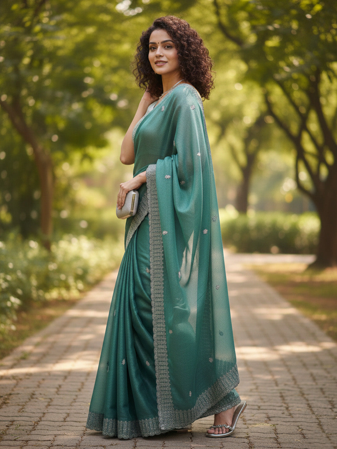 Urban Pallu Floral Sequinned Silk Blend Fusion Saree