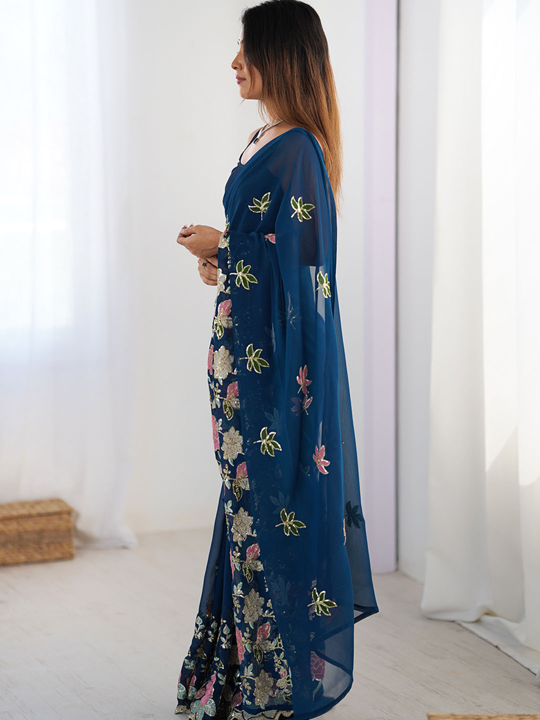 Urban Pallu Floral Sequinned Poly Georgette Heavy Work Saree