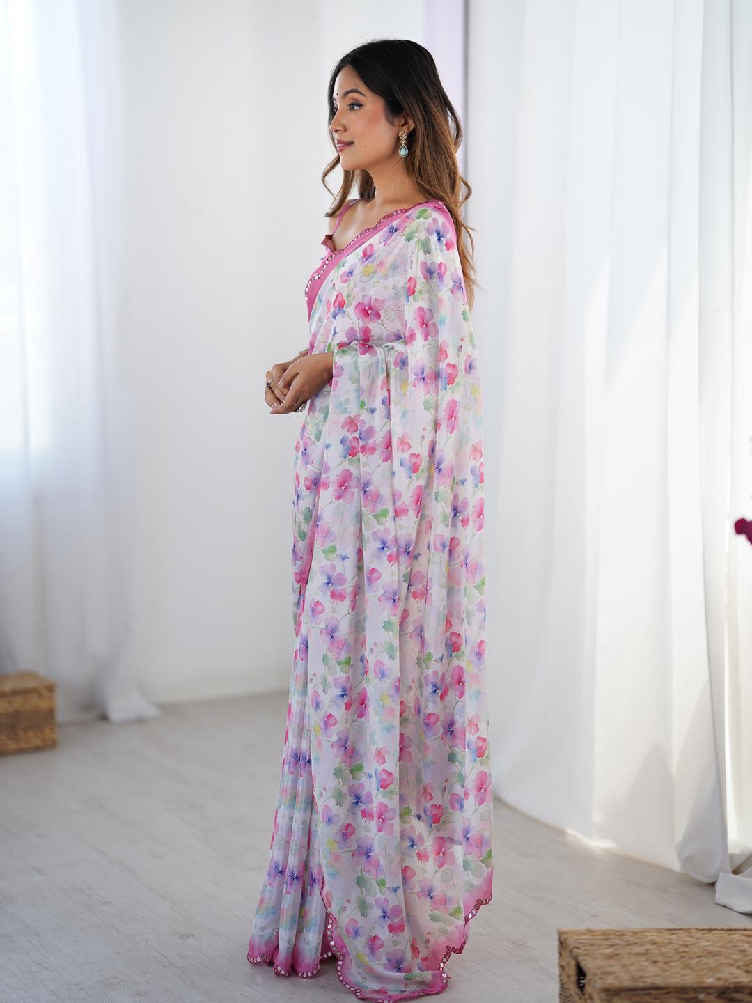 Urban Pallu Floral Mirror Work Silk Blend Saree