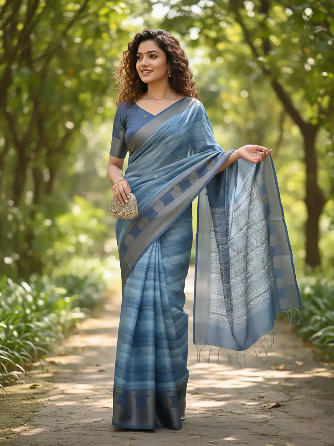 Urban Pallu Floral Sequinned Silk Blend Fusion Saree