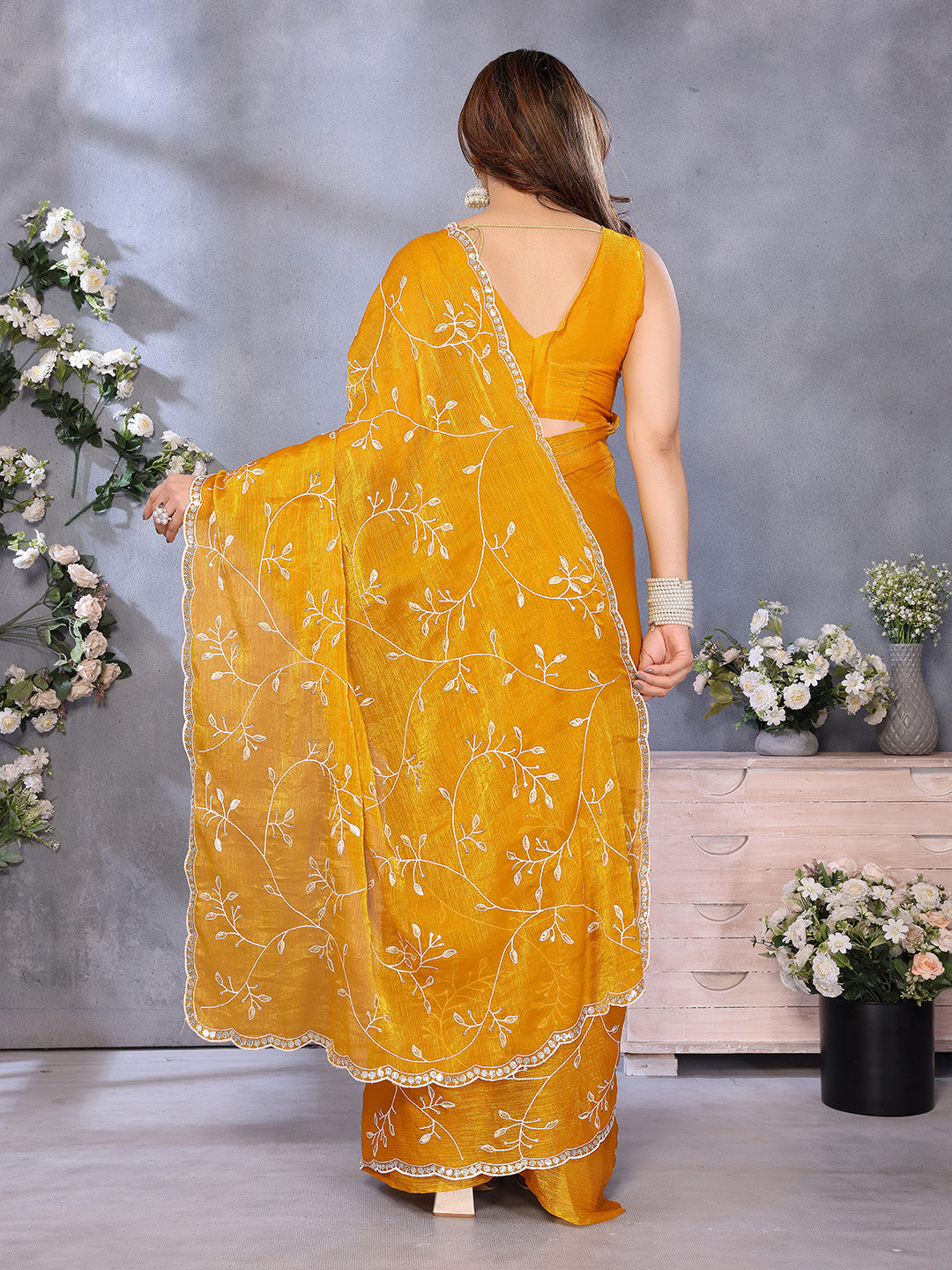 Urban Pallu Floral Embroidered Pure Chiffon Heavy Work Saree