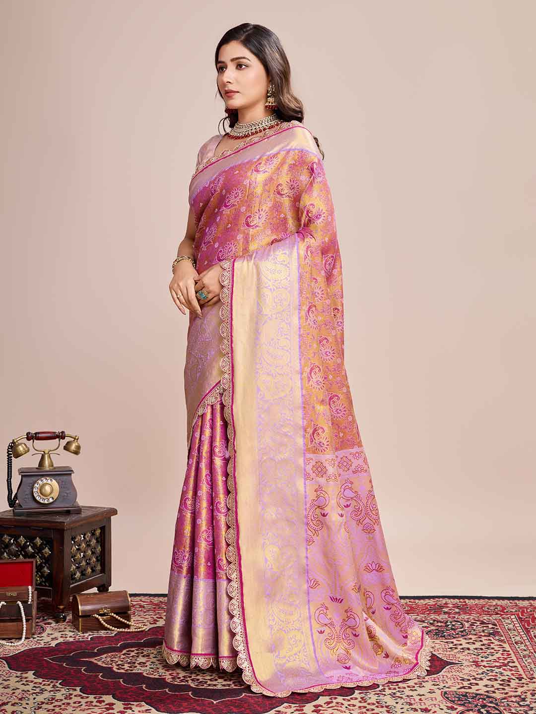 Urban Pallu Floral Sequinned Silk Blend Fusion Saree