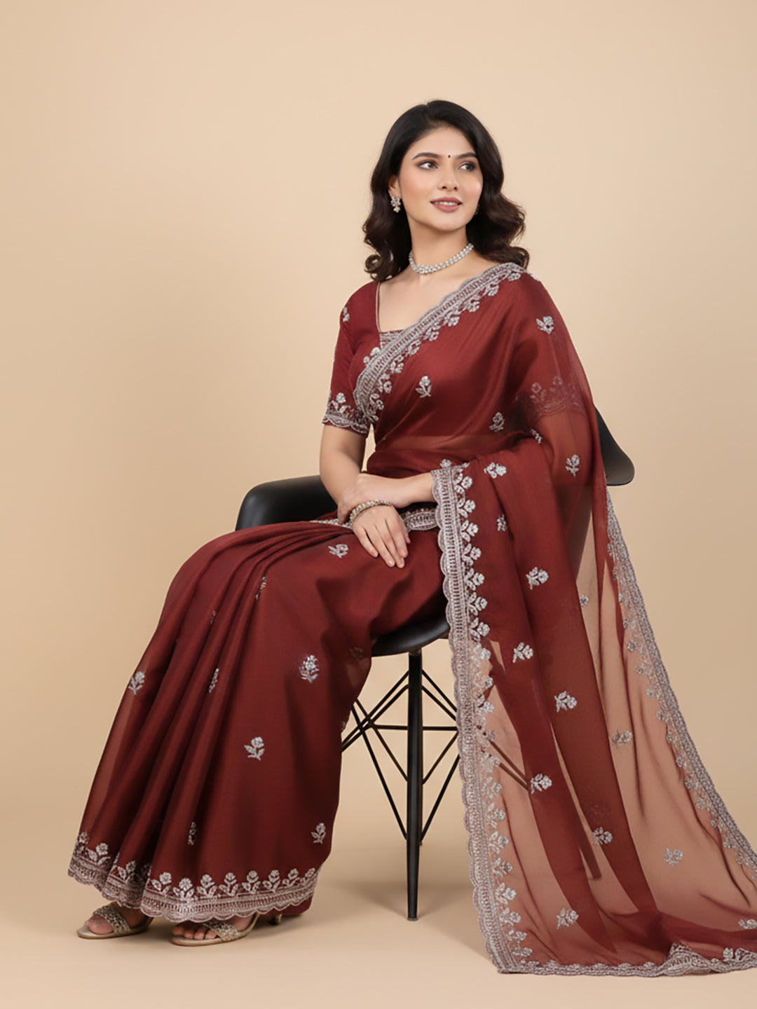 Urban Pallu Floral Sequinned Silk Blend Fusion Saree
