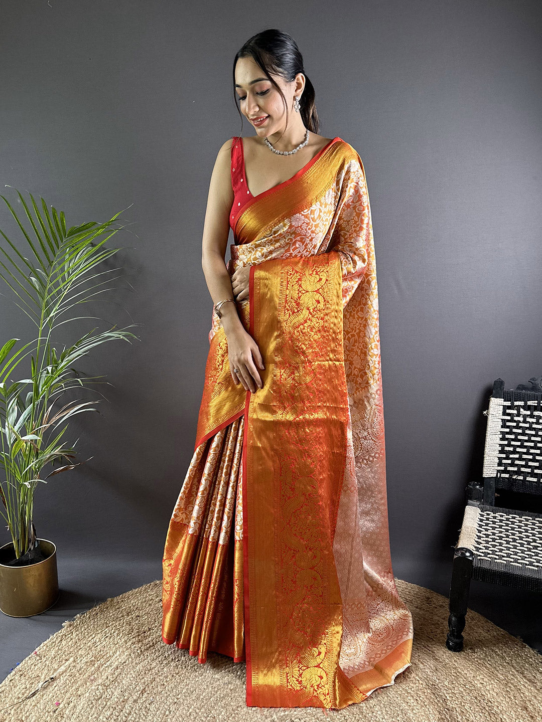 Urban Pallu Floral Sequinned Silk Blend Fusion Saree