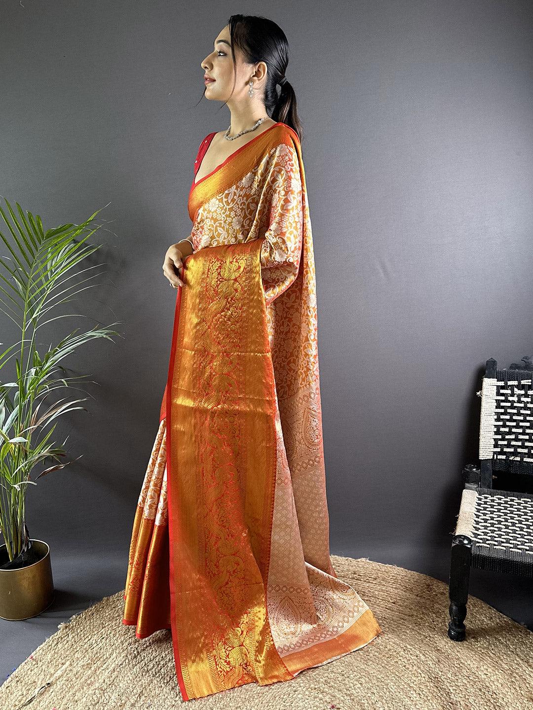 Urban Pallu Floral Sequinned Silk Blend Fusion Saree