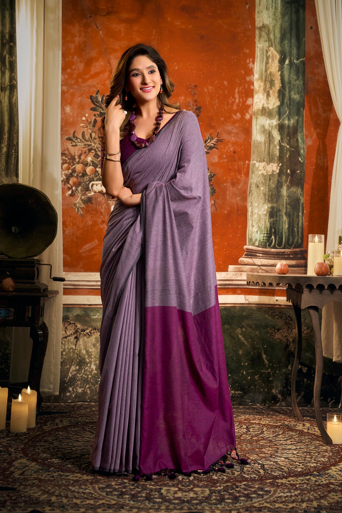 Urban Pallu Solid Cotton Blend Work Saree