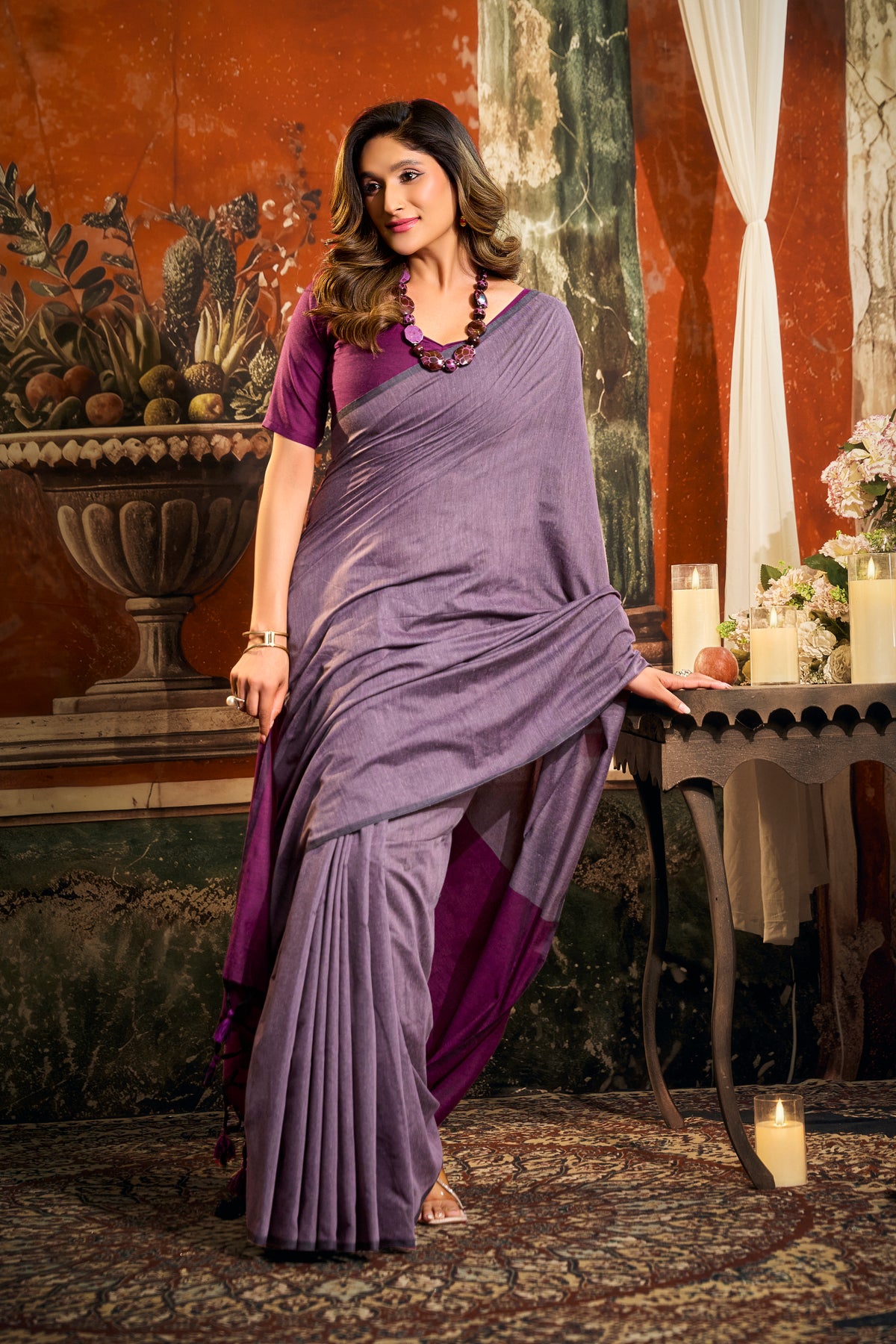 Urban Pallu Solid Cotton Blend Work Saree