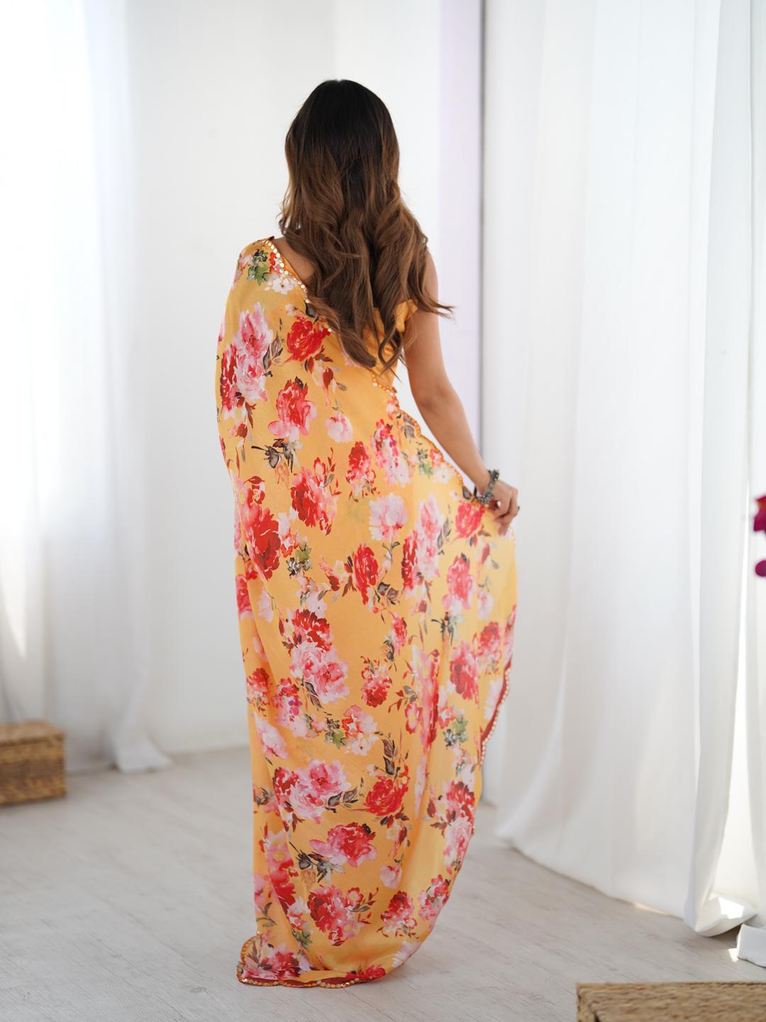 Urban Pallu Floral Sequinned Silk Blend Fusion Saree