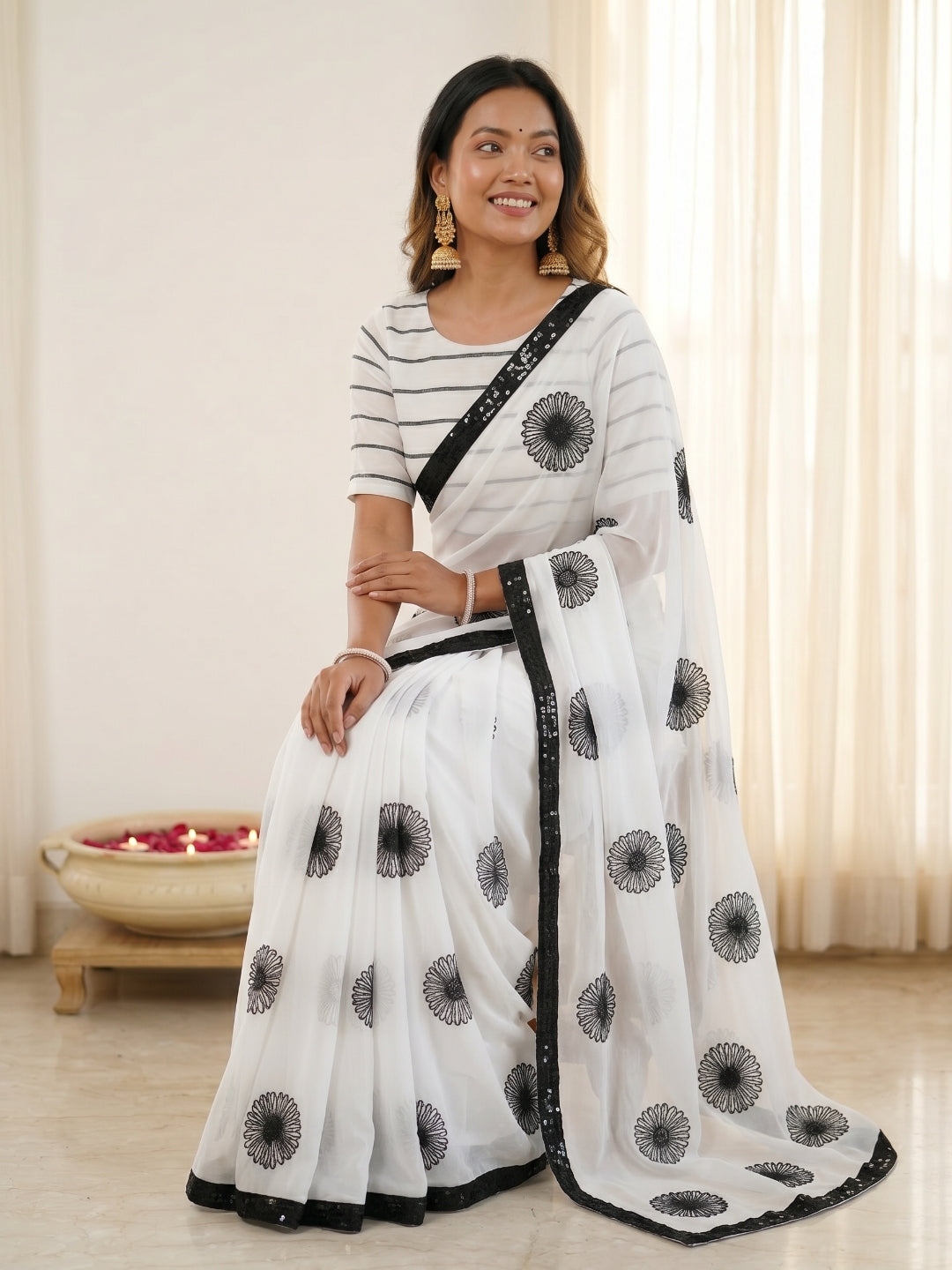 Urban Pallu Embroidered Poly Georgette Festive Saree