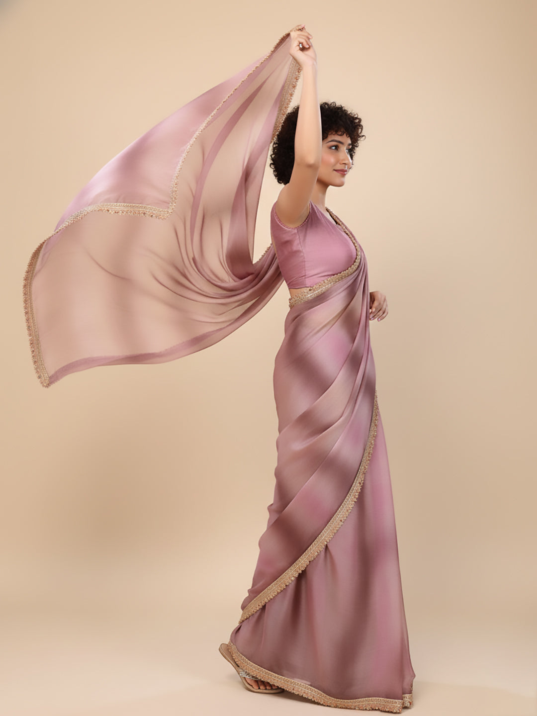 Urban Pallu Floral Sequinned Silk Blend Fusion Saree