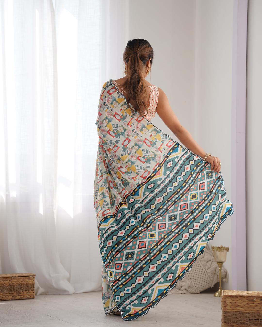 Urban Pallu Mirror Work Silk Blend Fusion Saree