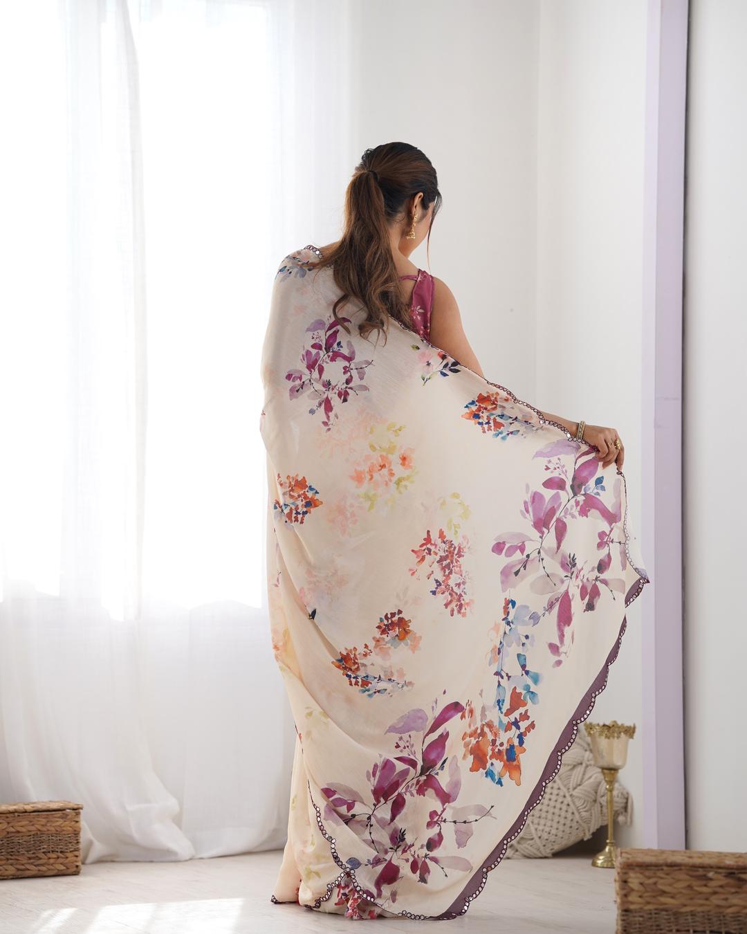 Urban Pallu Floral Mirror Work Silk Blend Saree