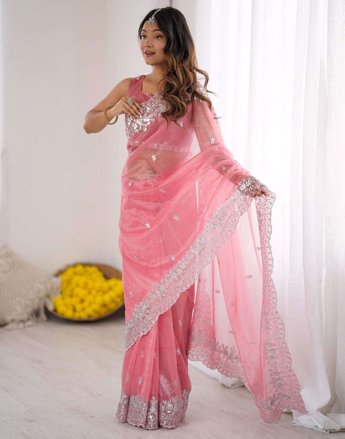 Urban Pallu Solid Organza Festive Saree