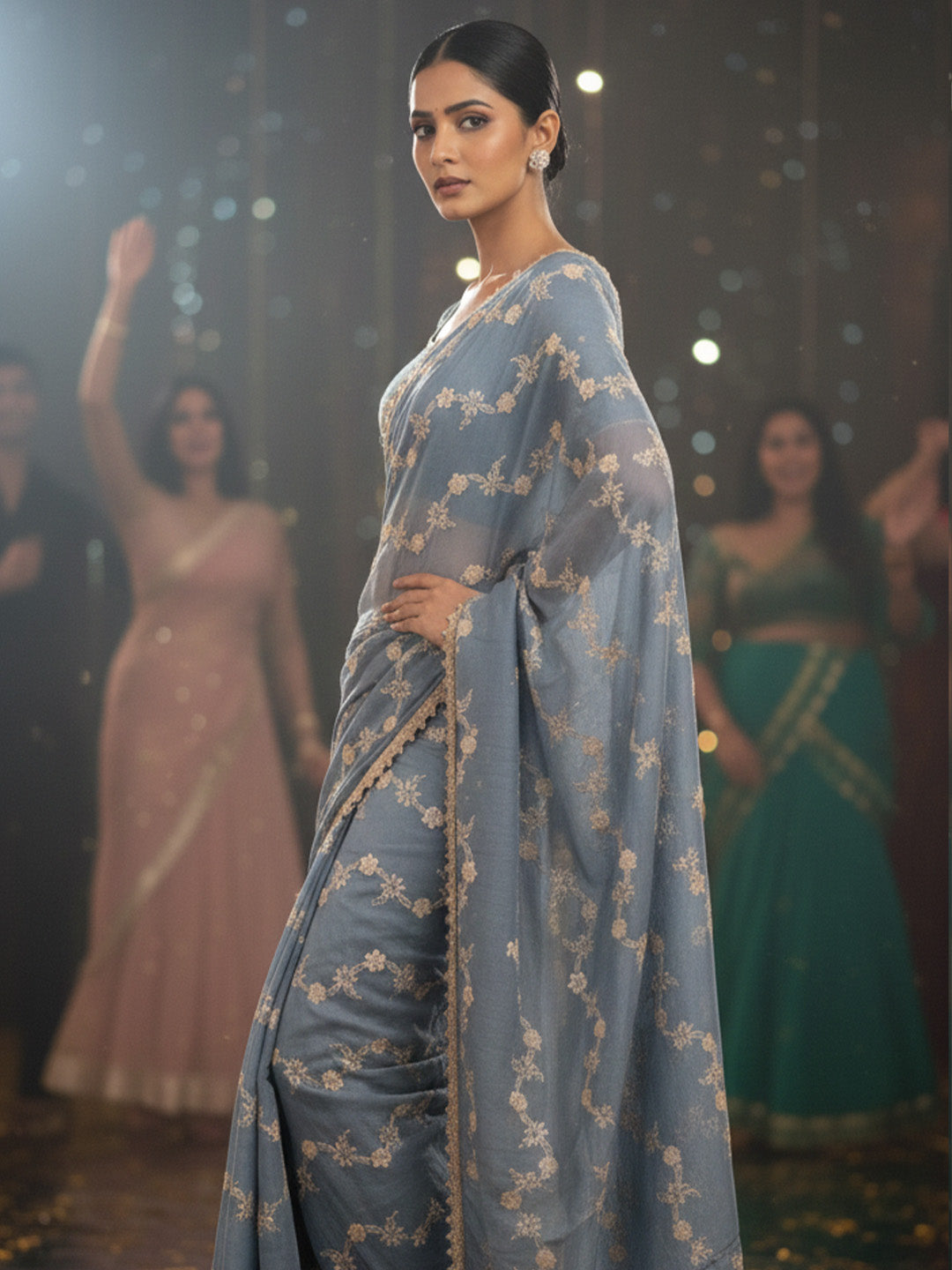 Urban Pallu Floral Sequinned Silk Blend Fusion Saree