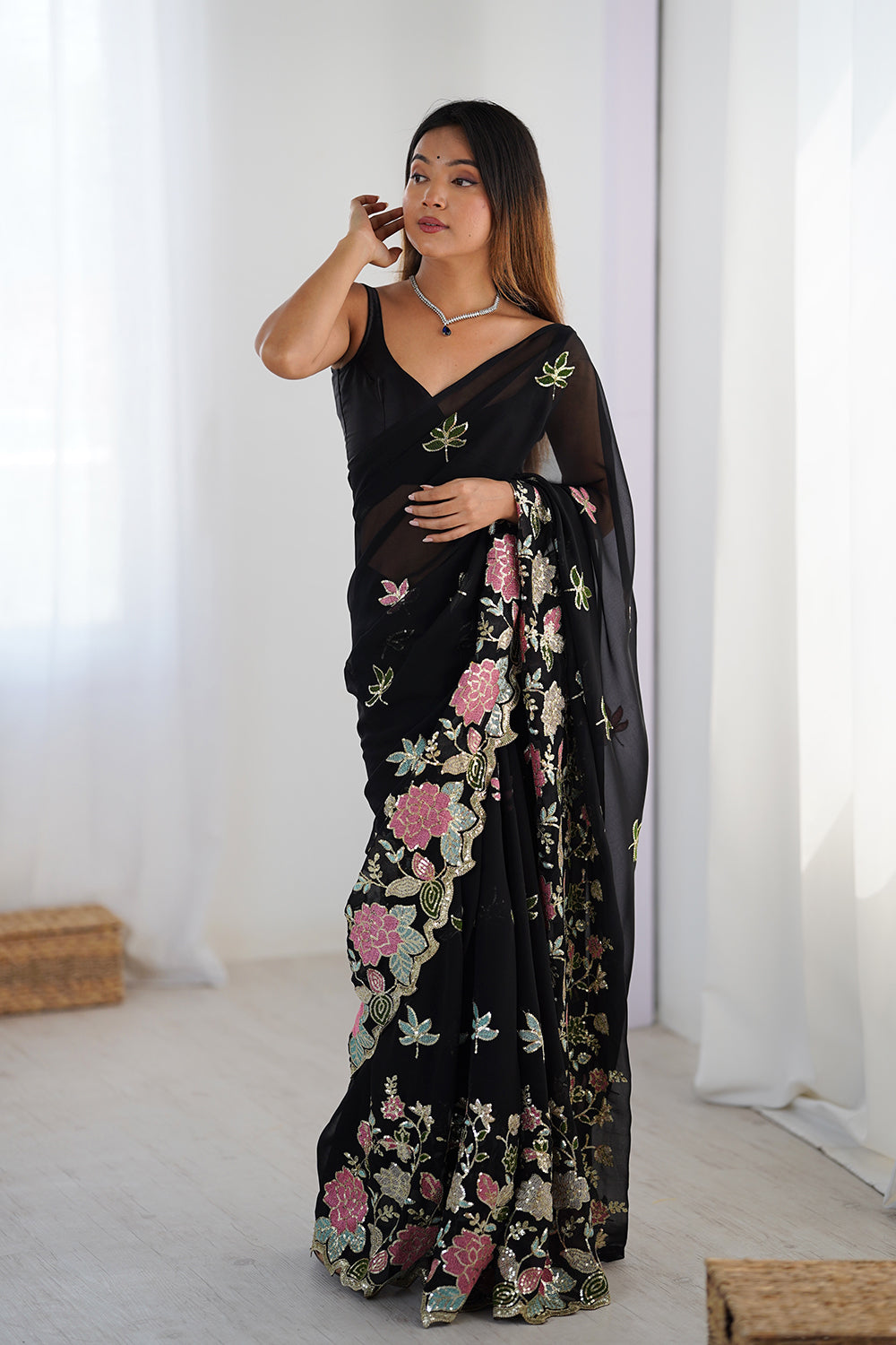 Urban Pallu Solid Poly Georgette Festive Saree