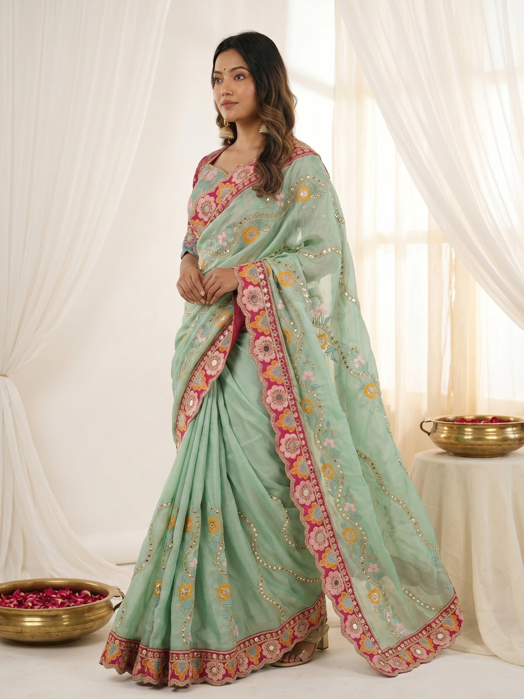 Urban Pallu Embroidered Silk Blend Festive Saree