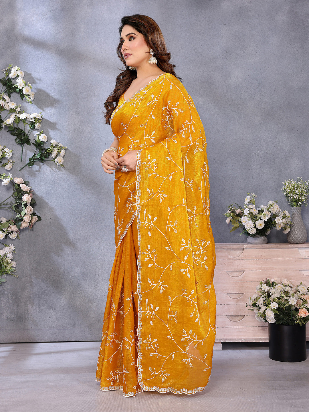 Urban Pallu Floral Embroidered Pure Chiffon Heavy Work Saree