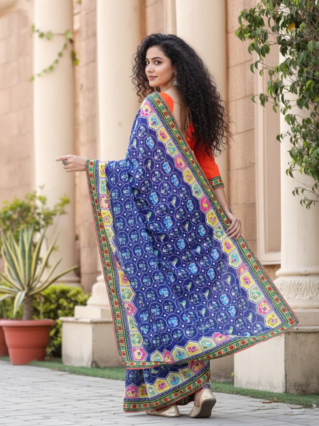 Urban Pallu Floral Sequinned Silk Blend Fusion Saree