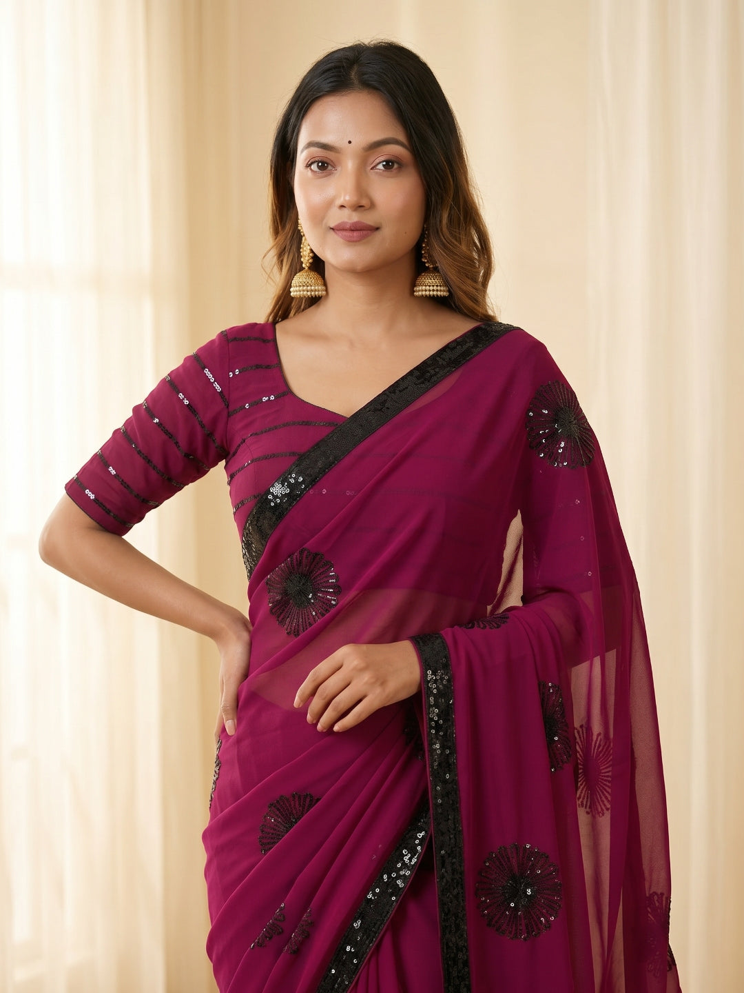 Urban Pallu Embroidered Poly Georgette Festive Saree