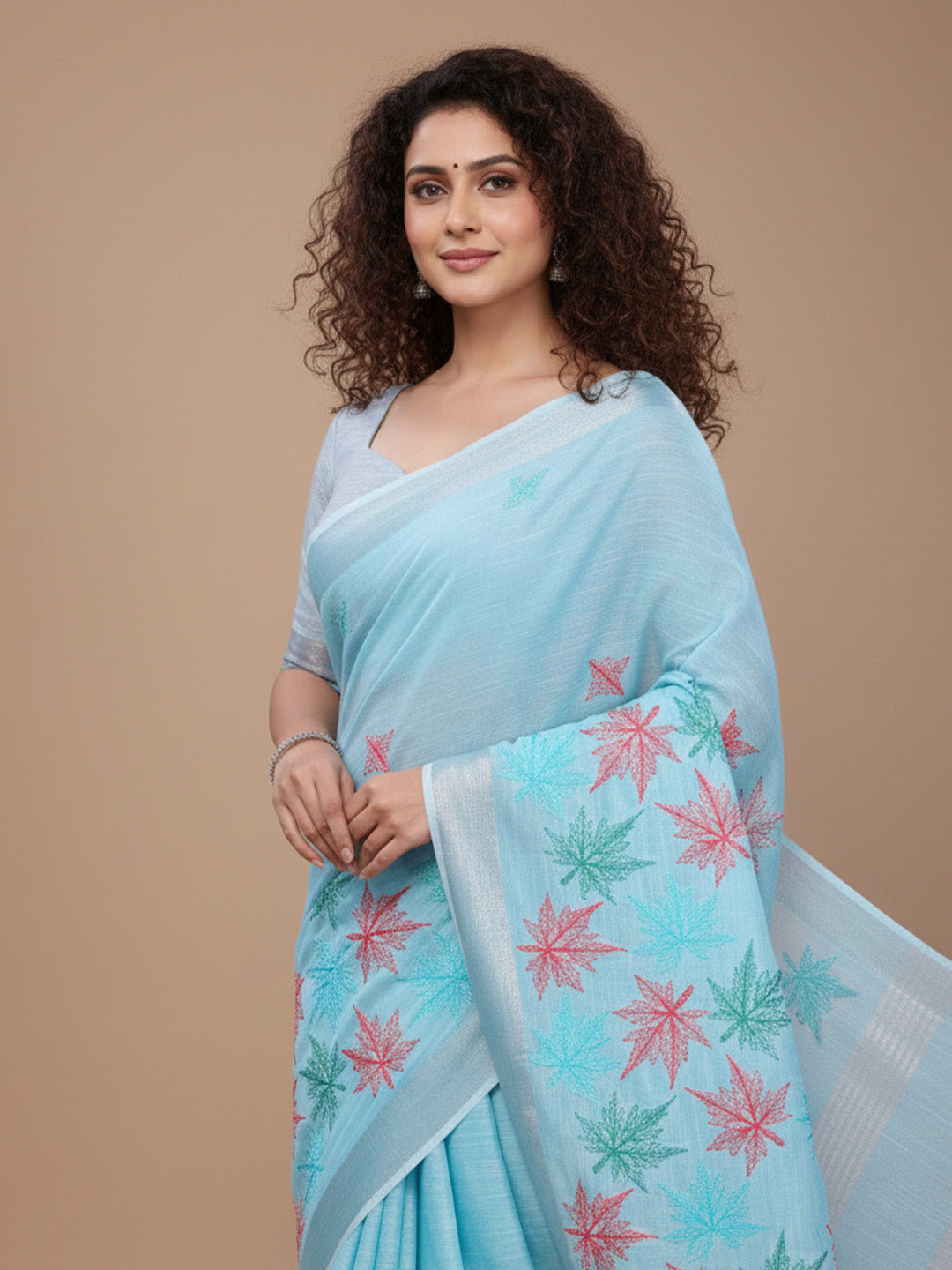 Urban Pallu Floral Sequinned Silk Blend Fusion Saree