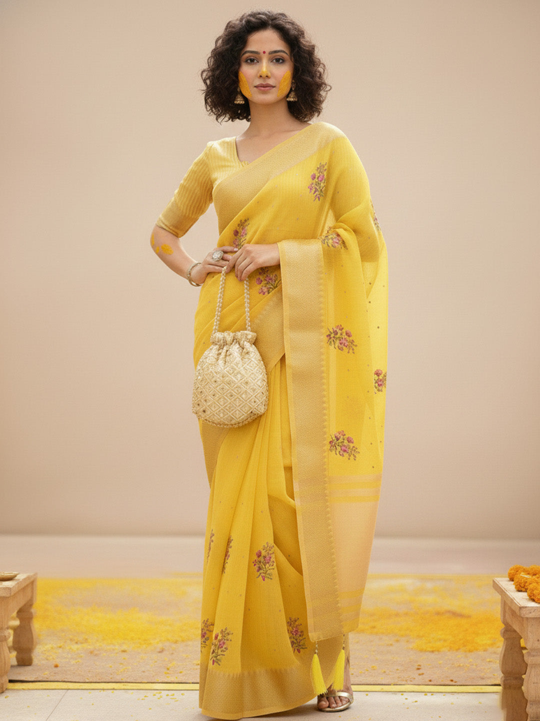 Urban Pallu Floral Sequinned Silk Blend Fusion Saree