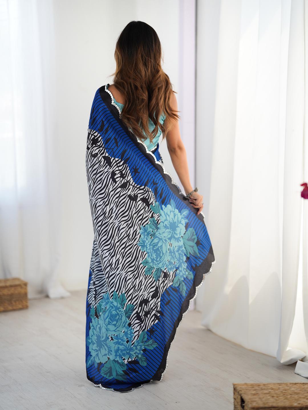 Urban Pallu Striped Mirror Work Silk Blend Fusion Saree