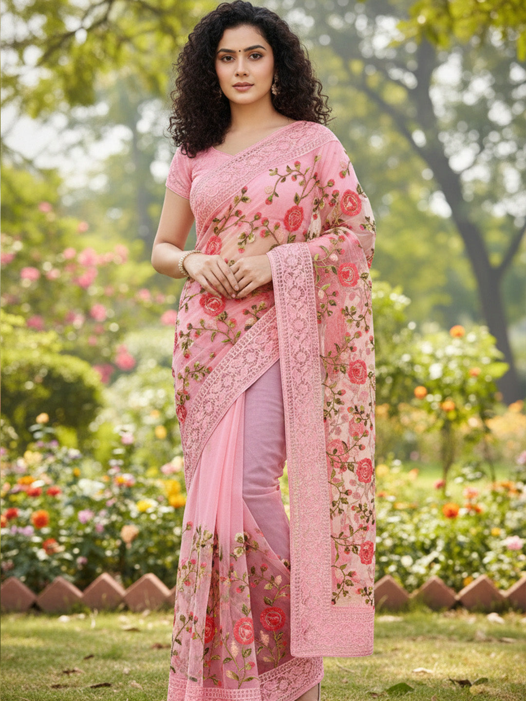 Urban Pallu Floral Sequinned Silk Blend Fusion Saree