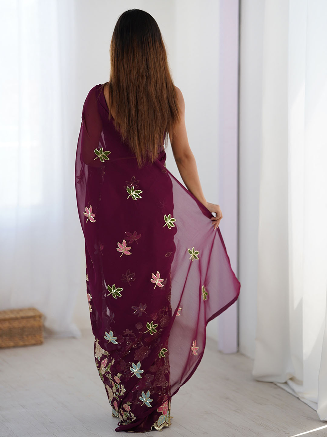 Urban Pallu Floral Sequinned Poly Georgette Heavy Work Saree