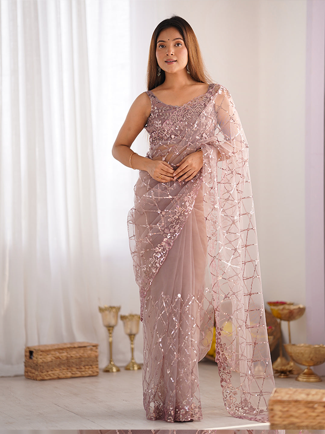 Urban Pallu Solid Net Festive Saree