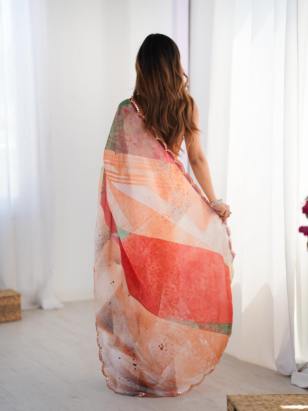 Urban Pallu Mirror Work Silk Blend Fusion Saree