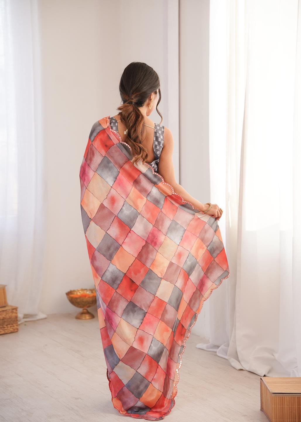 Urban Pallu Mirror Work Silk Blend Fusion Saree