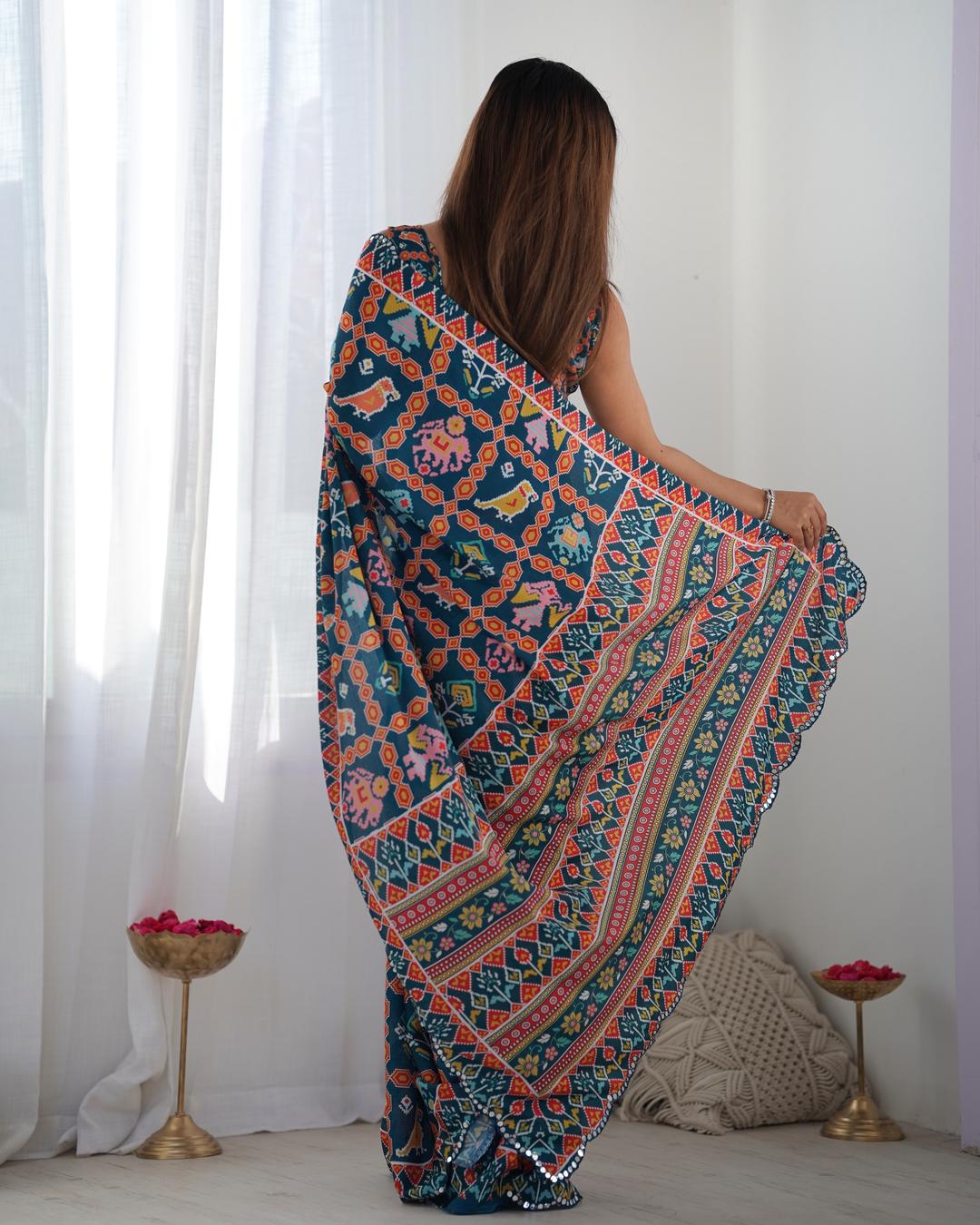 Urban Pallu Ethnic Motifs Mirror Work Silk Blend Saree