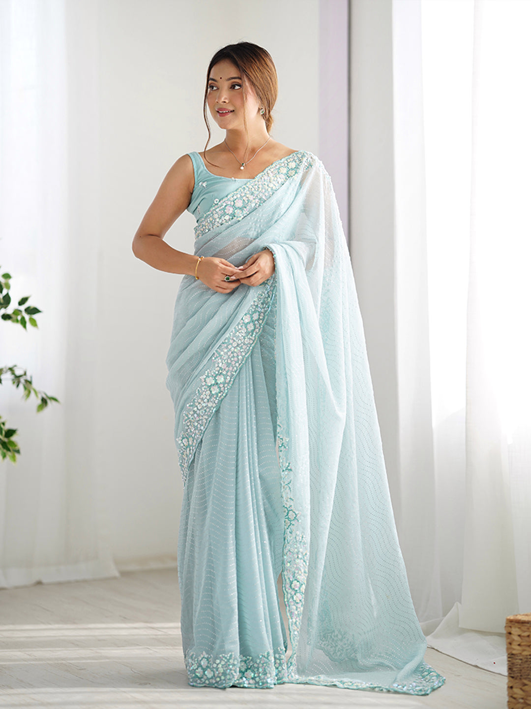 Urban Pallu Embroidered Poly Georgette Festive Saree