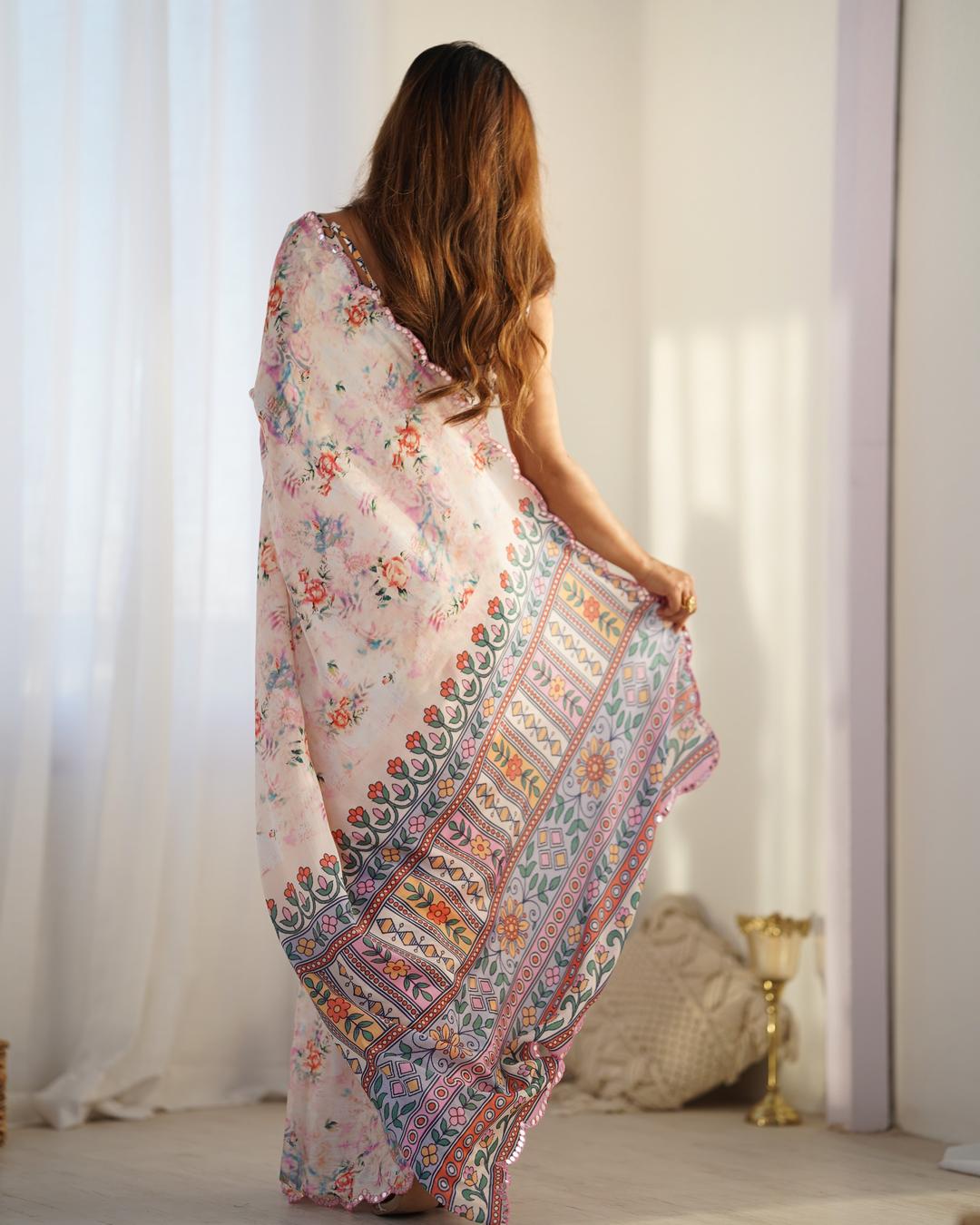 Urban Pallu Floral Mirror Work Silk Blend Fusion Saree