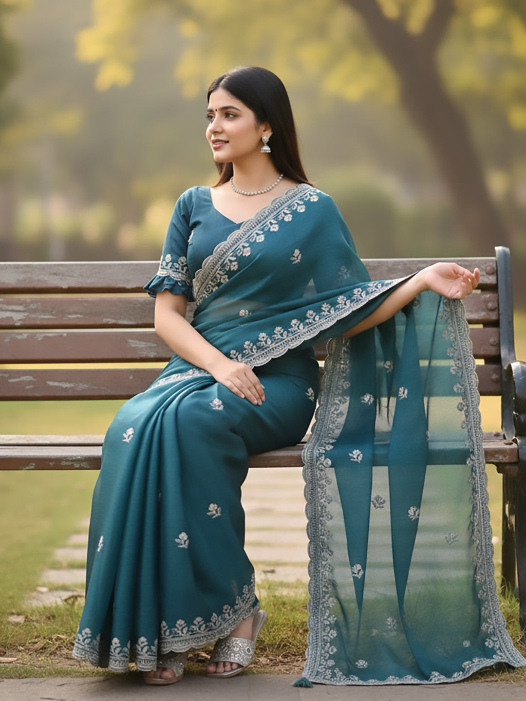 Urban Pallu Floral Sequinned Silk Blend Fusion Saree