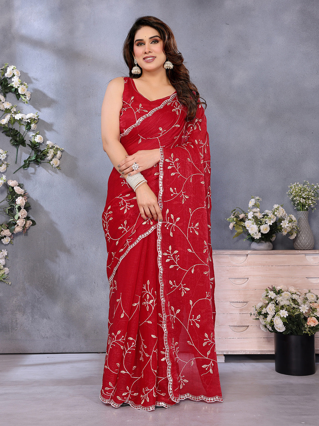 Urban Pallu Embellished Embroidered Pure Chiffon Heavy Work Saree