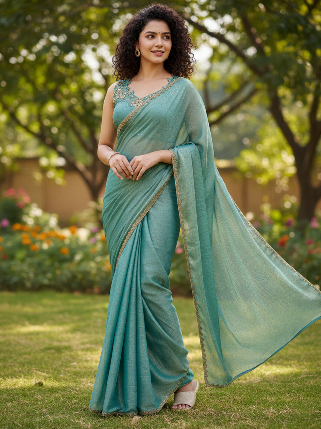 Urban Pallu Floral Sequinned Silk Blend Fusion Saree
