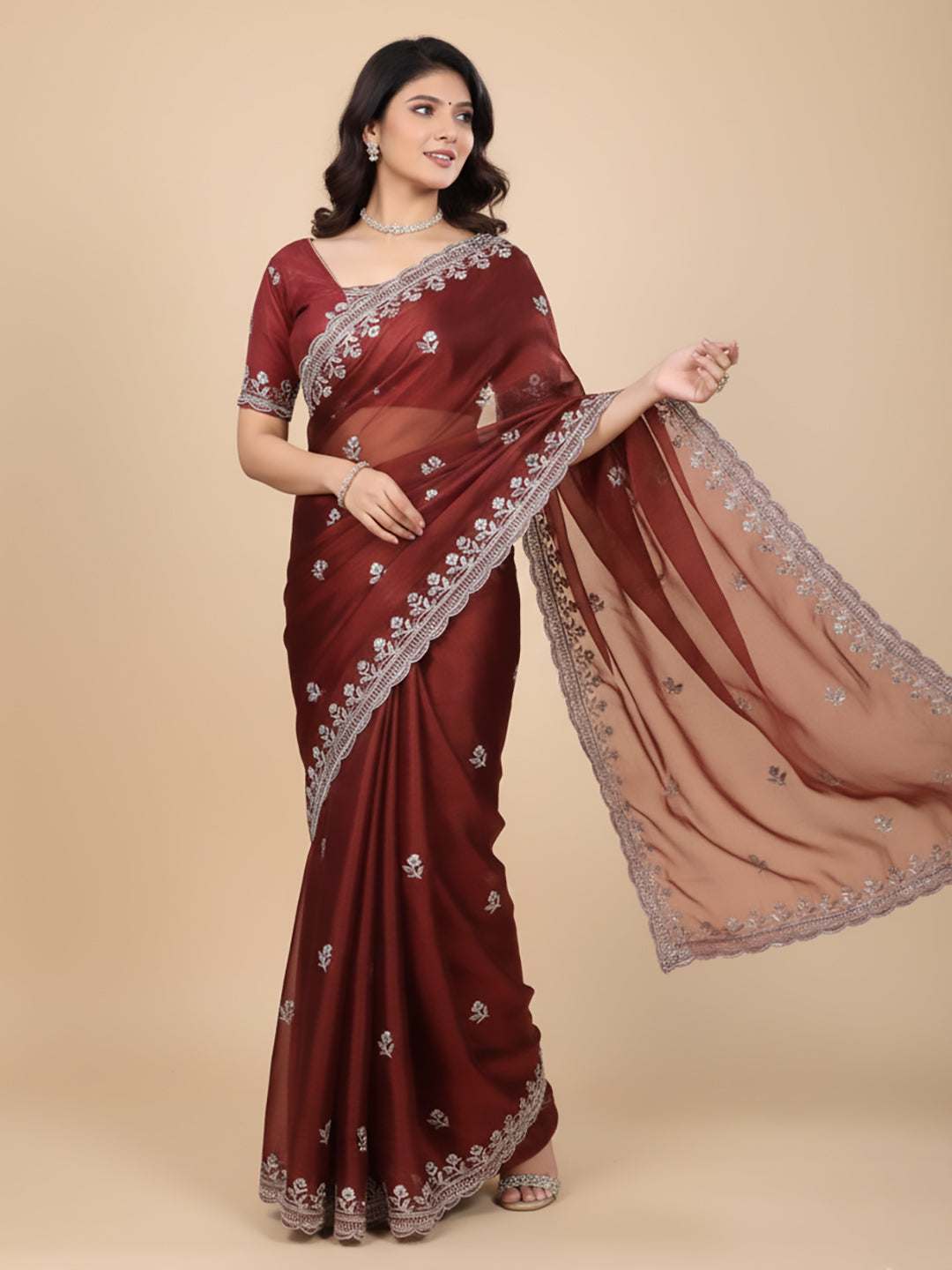 Urban Pallu Floral Sequinned Silk Blend Fusion Saree