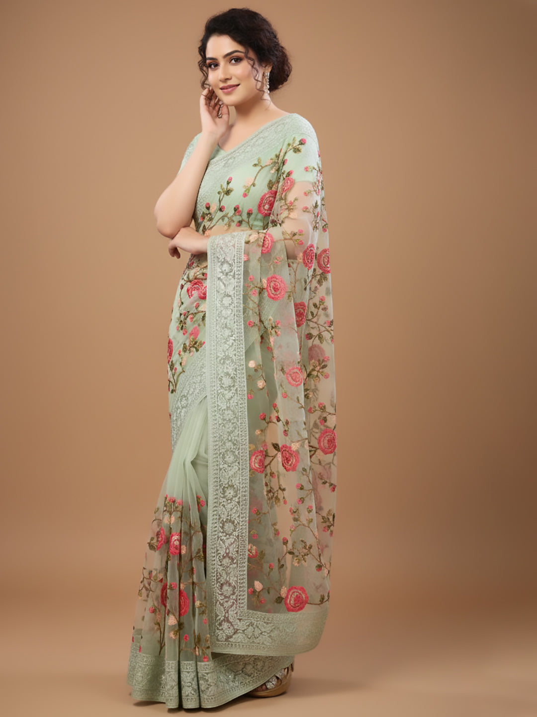 Urban Pallu Floral Sequinned Silk Blend Fusion Saree