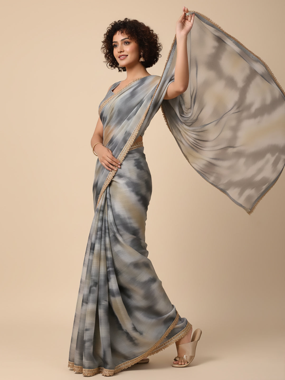 Urban Pallu Floral Sequinned Silk Blend Fusion Saree