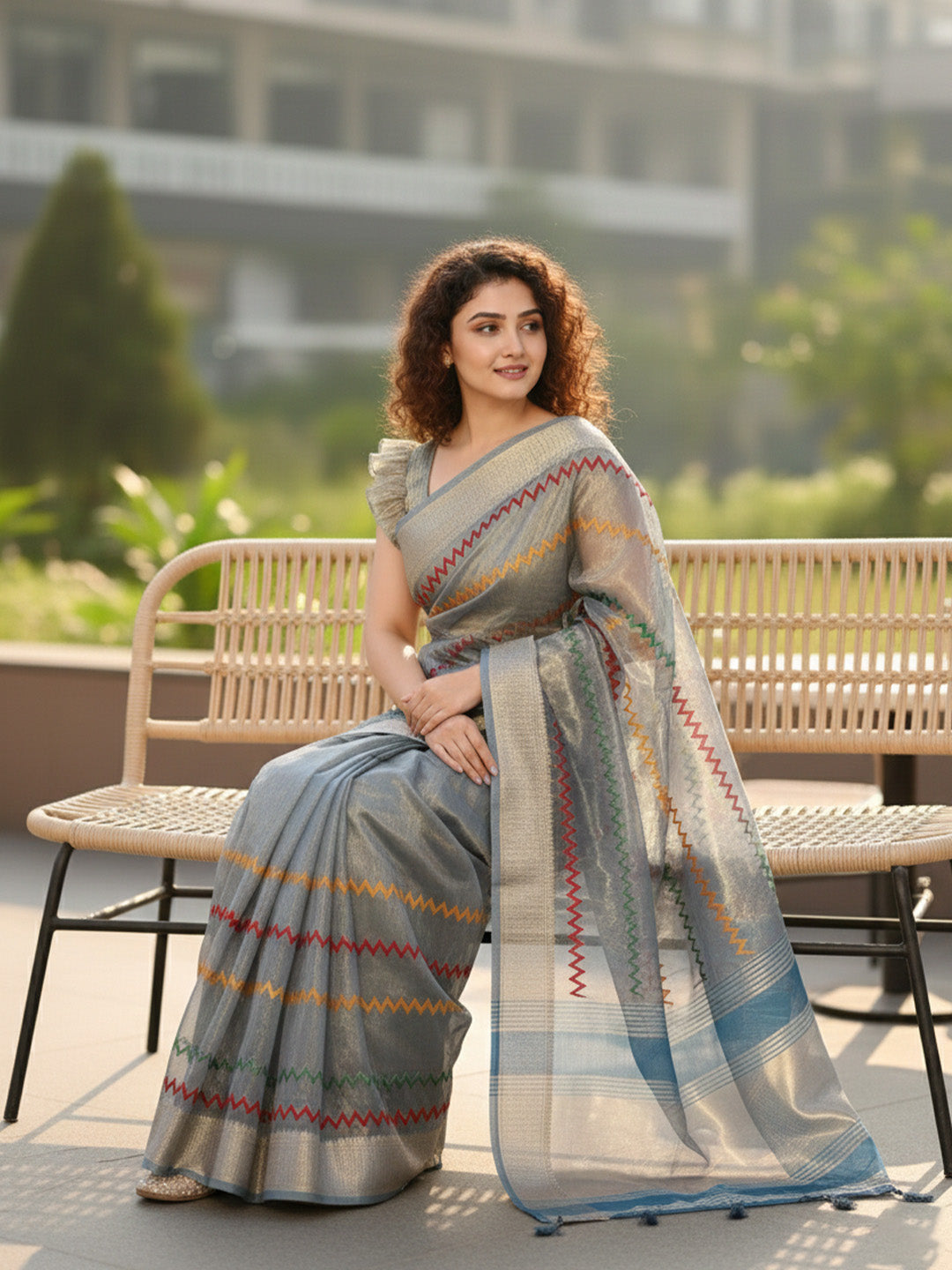 Urban Pallu Floral Sequinned Silk Blend Fusion Saree