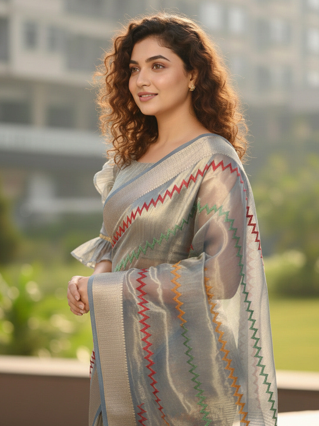 Urban Pallu Floral Sequinned Silk Blend Fusion Saree