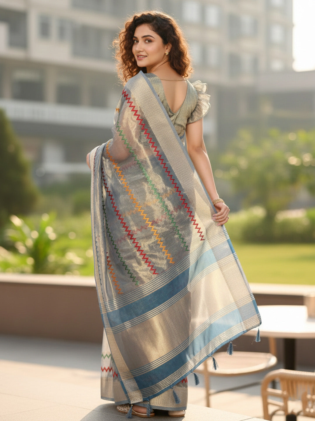 Urban Pallu Floral Sequinned Silk Blend Fusion Saree