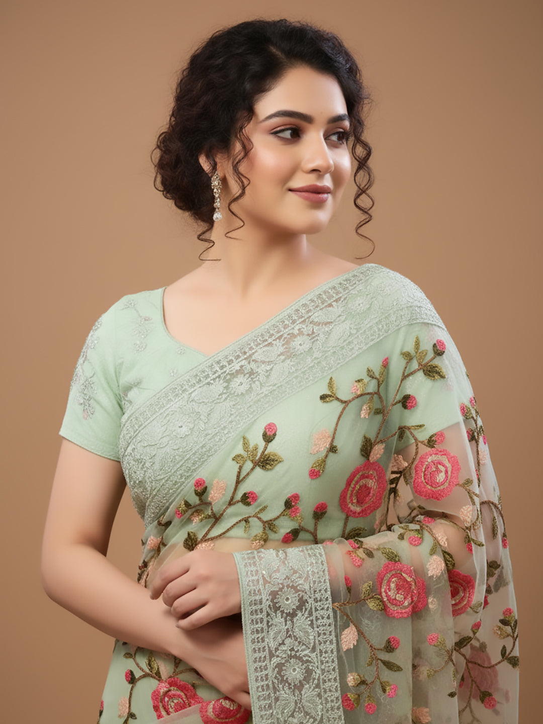 Urban Pallu Floral Sequinned Silk Blend Fusion Saree