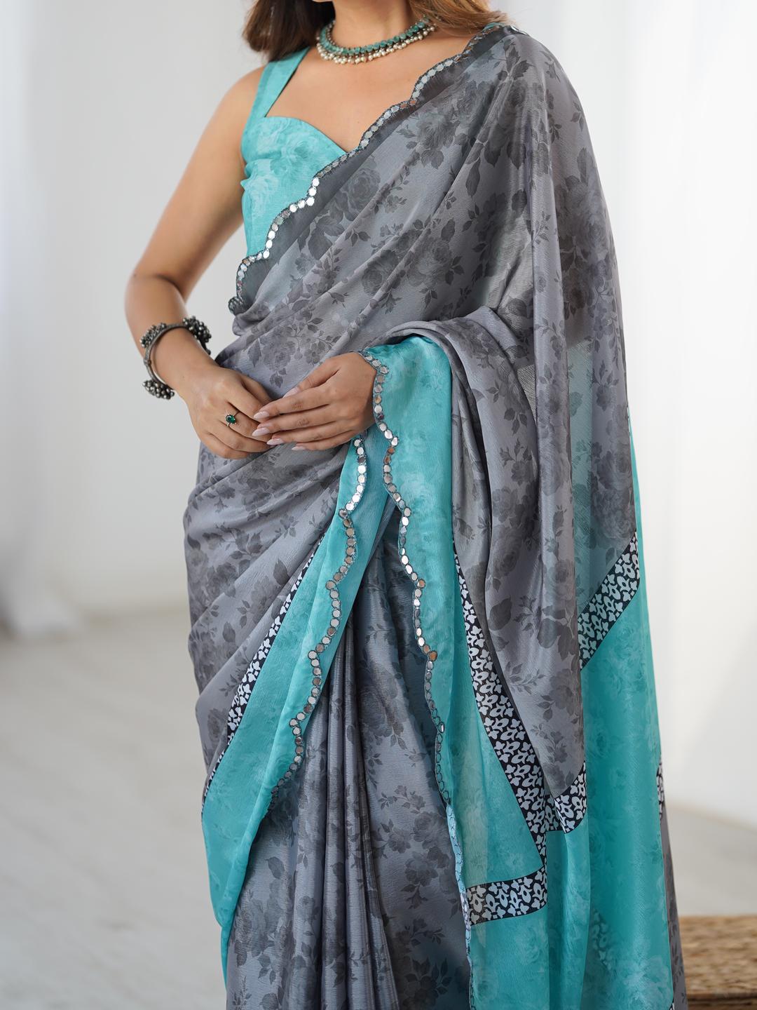 Urban Pallu Floral Sequinned Silk Blend Saree