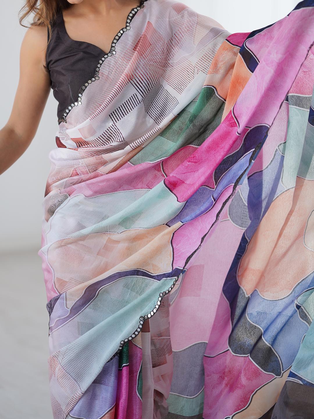 Urban Pallu Mirror Work Silk Blend Designer Saree
