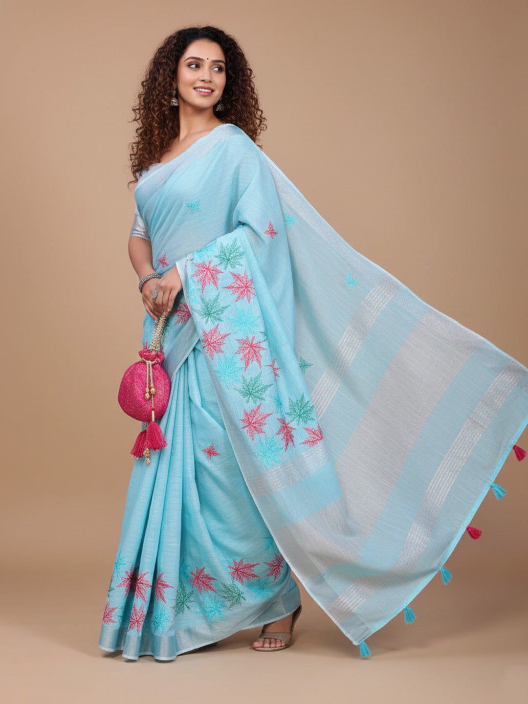 Urban Pallu Floral Sequinned Silk Blend Fusion Saree