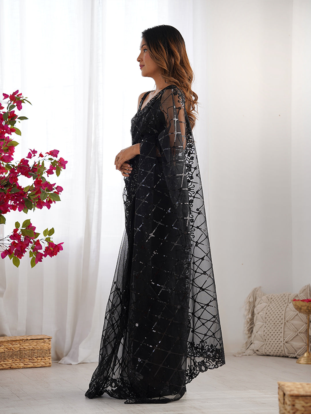 Urban Pallu Solid Net Festive Saree
